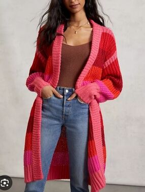 Farm RIO Chunky Stripe Pink Button-Up Cardigan Sweater